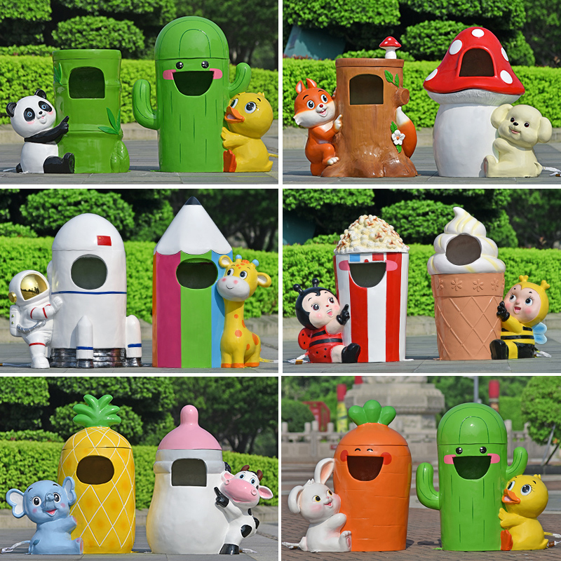 Outdoor Cartoon Animal Trash Can Fiberglass Sculpture Glowing Kindergarten Park Area Trash Bin Decorative Ornament