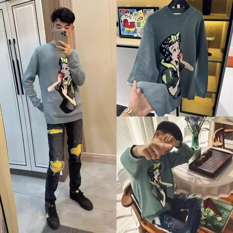 Autumn and Winter Knitted Sweaters for Men and Women, Popular Internet Celebrity Style, Round Neck, Cool and Trendy Brand, High Street Long-Sleeve Plaid Fashion, Snow White Style