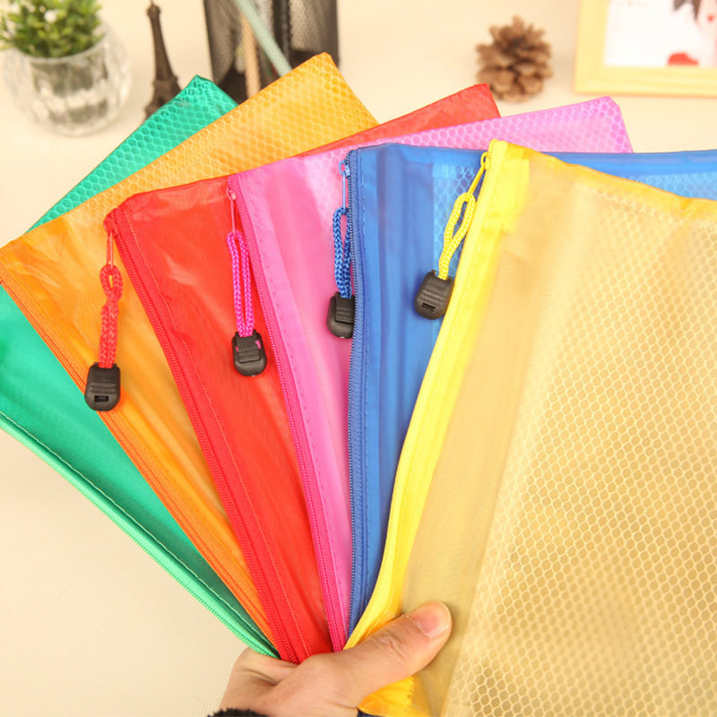 Hot selling A4 frosted mesh file bag A5 double layer waterproof zipper bag A6 color bill bag plastic storage bag