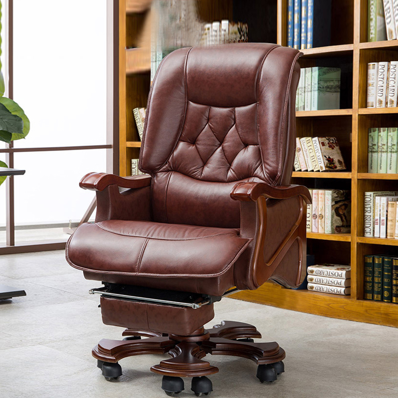 Boss chair leather office executive chair can lie down home atmosphere leather solid wood study swivel chair computer chair