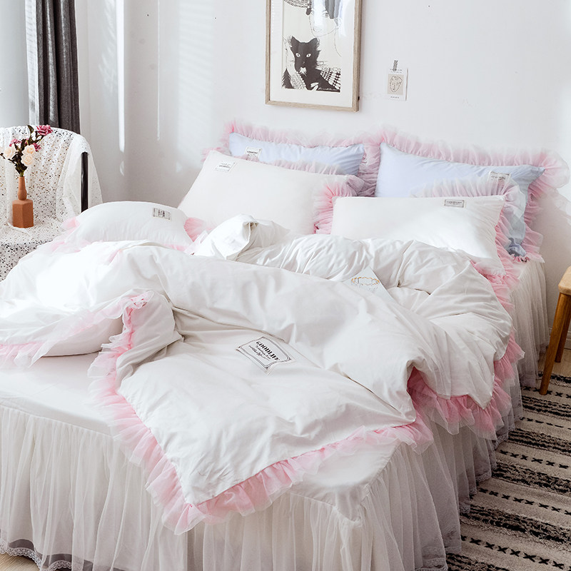 ins teen girl hearts net red pure cotton four pieces white princess wind lace side bed dress pure color full cotton minimalist quilt cover