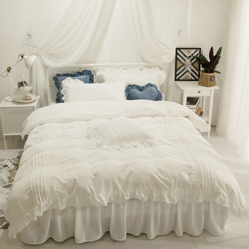 Winter princess style white four-piece set on the article coral velvet single quilt cover skirt double-sided velvet crystal velvet