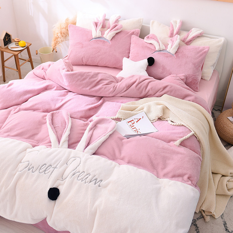 Winter Net Red Fairy Rabbit Rabbit Velvet Four-piece Princess Coral Velvet Flannel Quilt Cover Thickened Crystal Velvet Sheets
