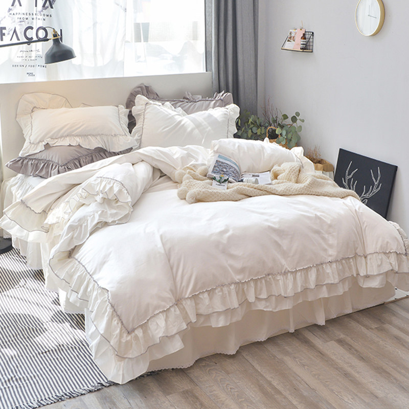 Nordic pure cotton white full cotton 100 bed upper supplies four sets of sets linen bed princess wind bed skirt girl's heart