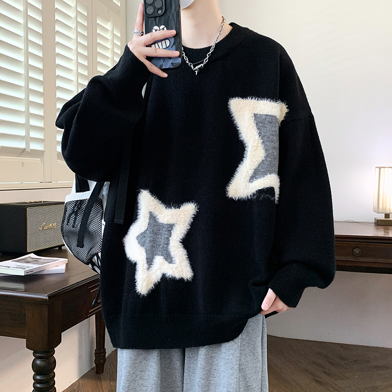 Casual Style Sweater for Men, Autumn and Winter, Trendy Brand, Loose and Thick Knitwear, Base Layer for Middle and High School Students
