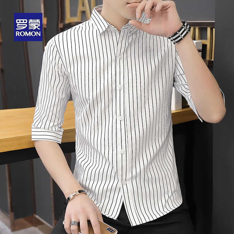Romon five-point sleeve shirt Men's summer slim casual middle sleeve Striped three-point short-sleeved shirt Long-sleeved tide inch shirt