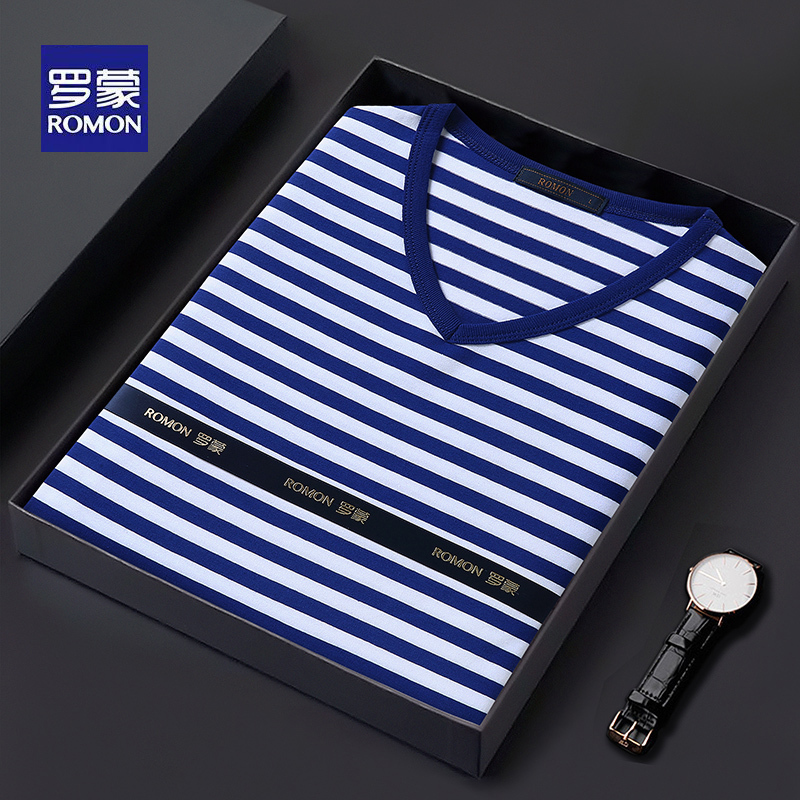 Romon Summer Striped Men's Slim-Fit Sailor Shirt Men's Short-Sleeve T-Shirt New Pure Cotton V-Neck Sailor Uniform Men's Trendy