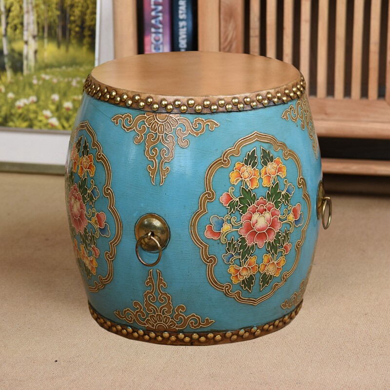 Make old solid wood stool round stool sofa stool Stool Drawing room stool Painted Bull Leather Drum Stool for shoe changing stool Embroidered pier