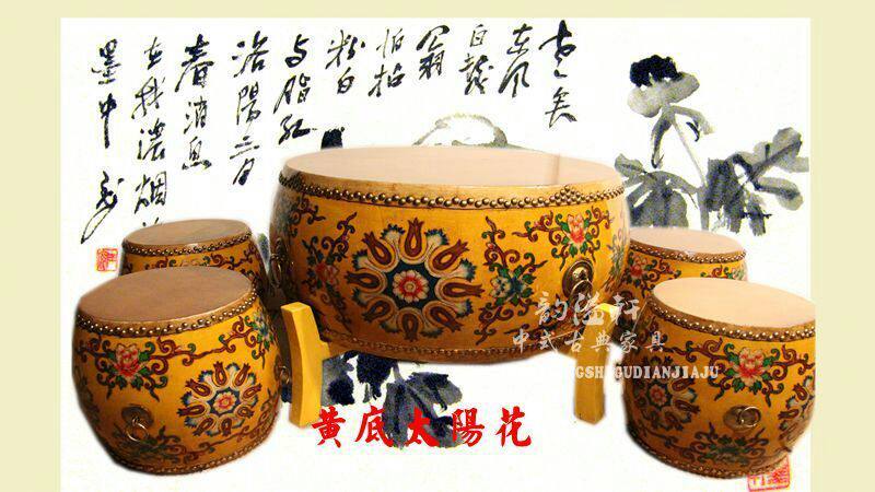 Classical solid wood painted leather coffee table drum five-piece living room decoration