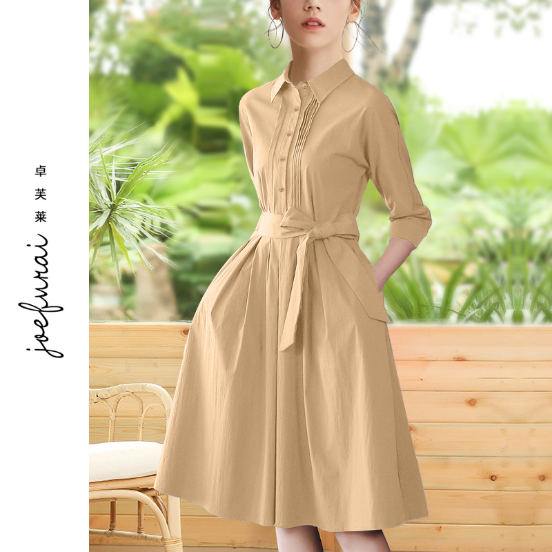 Zhuofulai 2025 Spring/Summer New Women's Long-Staple Cotton Shirt Dress with Three-Quarter Sleeves, Elegant and Slimming Plus Size Dress