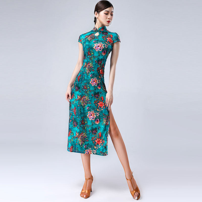 Decade less Latin dance Improved Qipao Practice women's women's dress Adults 2021 Summer new dance table performance