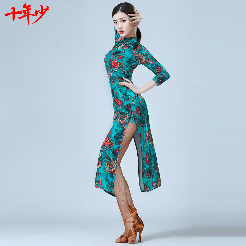 Ten-year-old Latin dance costume adult female 2022 spring new long-sleeved cheongsam color practice clothing performance clothing female
