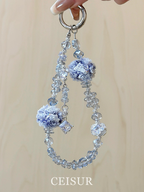 [Bluexi Flower Swirl] Original Ice-Transparent Blue Crystal Beaded Flower Ball Mobile Phone Chain High-Value Mobile Phone Hanging Chain Bag Hanging