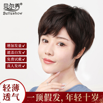 Wig female short hair temperament natural short straight hair real hair silk Lady middle-aged and elderly mother fashion wig full head cover