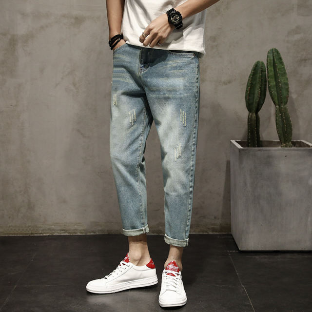 Spring and summer ripped nine-point jeans men's loose straight retro beggar pants men's harem pants tide brand casual pants