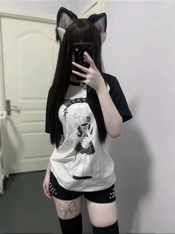 "Alice" Original Japanese Subculture Style Black and White Short-Sleeve T-Shirt for Women, Summer Loose Raglan Sleeve Top "Alice" Original Japanese Subculture Style Black and White Short-Sleeve T-Shirt for Women, Summer Loose Raglan Sleeve Top