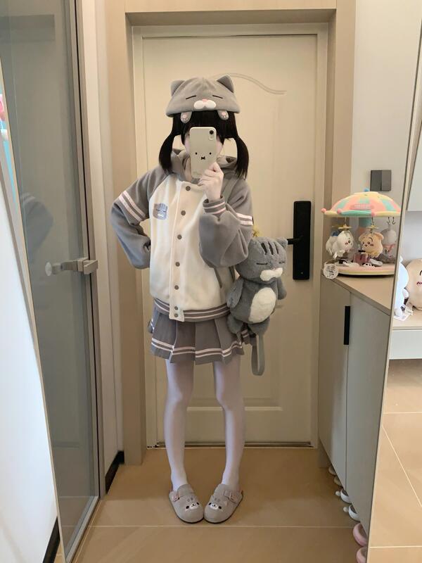 【Alice Alice】Original Japanese-Style Cute Sad Cat Hooded Sweatshirt for Women, Winter College Style Cardigan Jacket