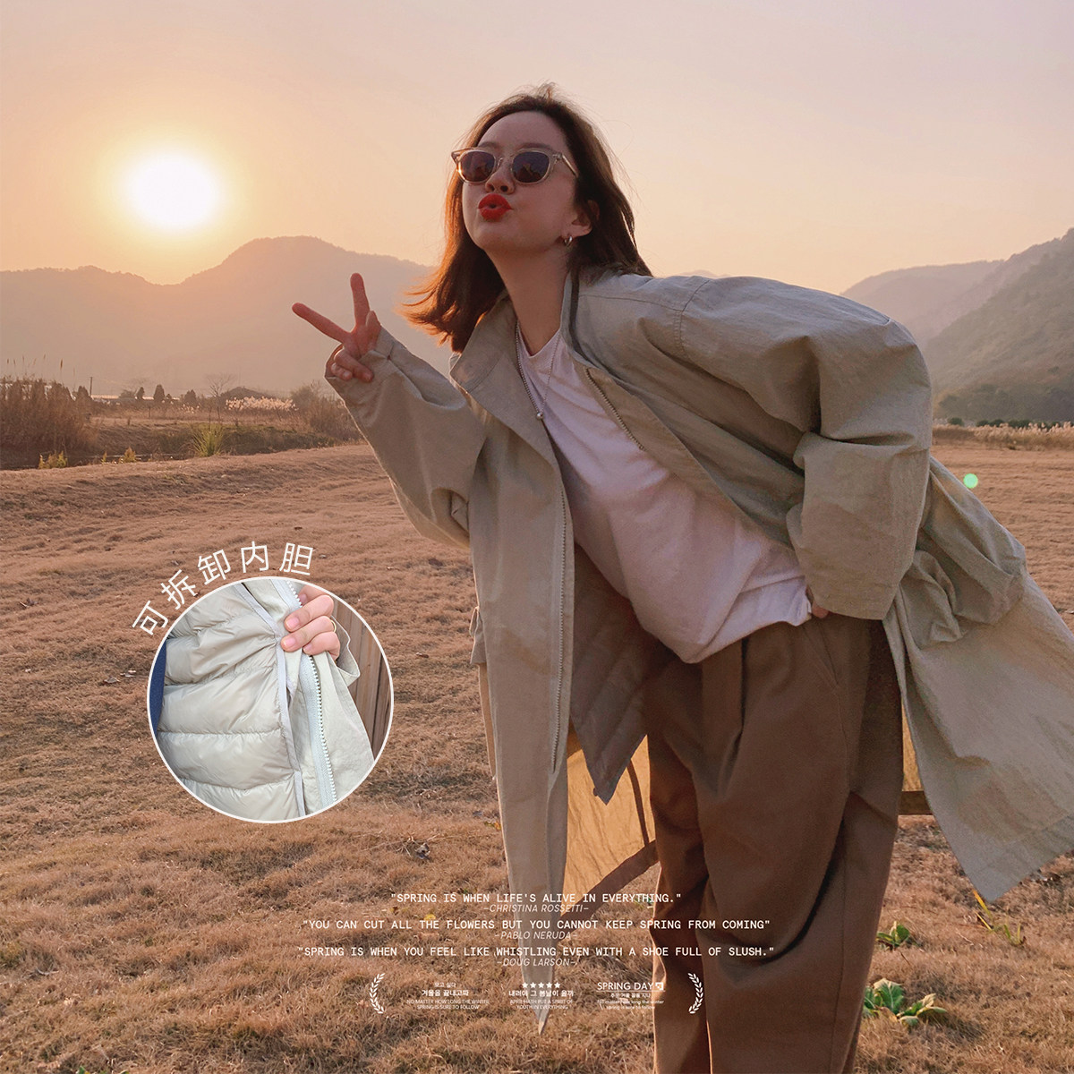 Libelin sisy black down jacket women's 2022 spring new large pocket detachable liner trench coat long coat