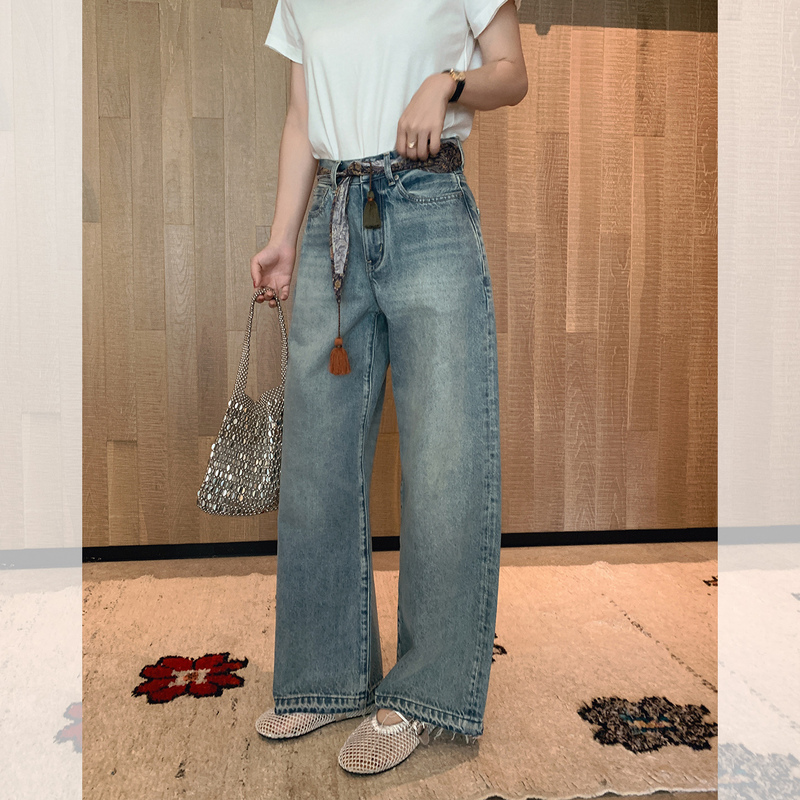 【In Stock, Grab It Now】Cashew Flower Pattern Jeans 14oz High-Waisted Slimming Frayed Loose Straight Wide-Leg Pants