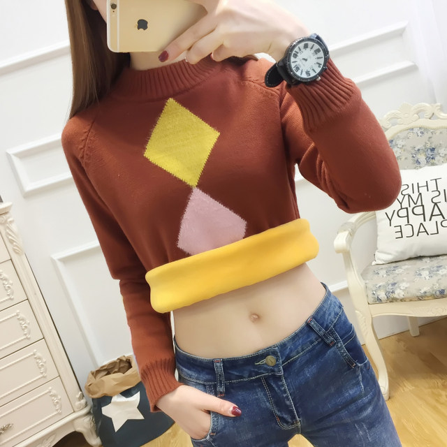 New autumn and winter warm sweater loose women's pullover short sweater plus velvet thickening bottoming shirt women's long-sleeved top