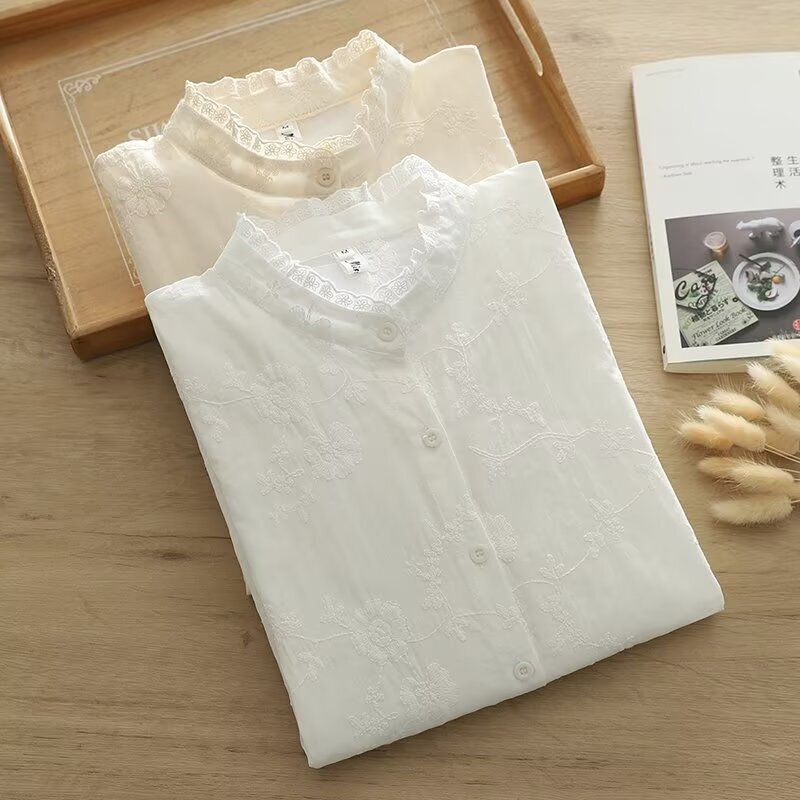 French-Style Sweet and Delicate Embroidered Lace Stand-Collar Pure Cotton Shirt for Women, Spring and Autumn Solid Color Long-Sleeve Blouse