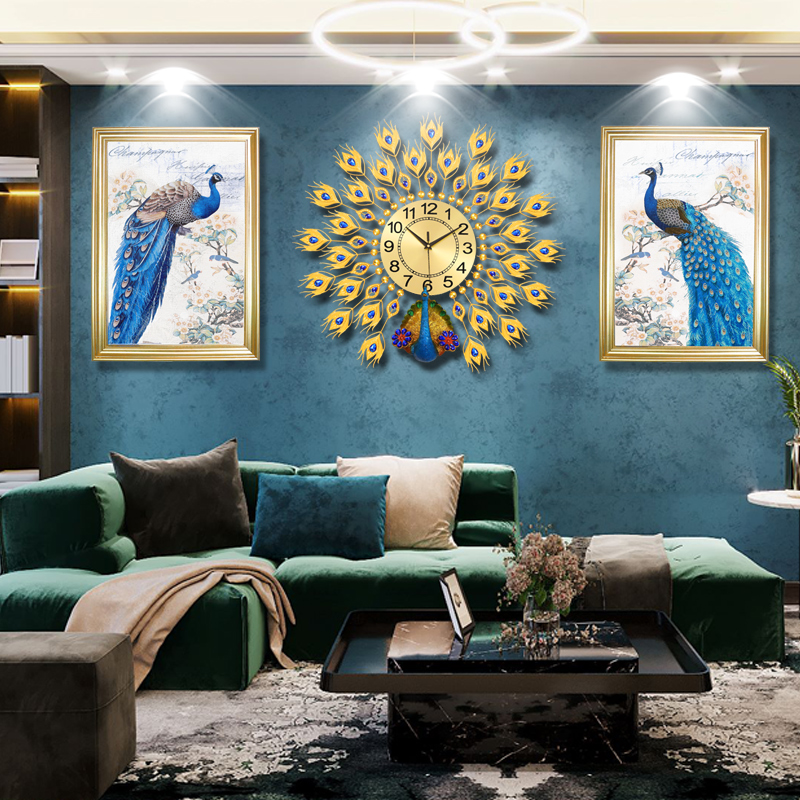 Peacock and watch hanging clock Living room table Modern minimalist Personality Creative Home Electric Meter Box Background Wall Decoration Painting Clock
