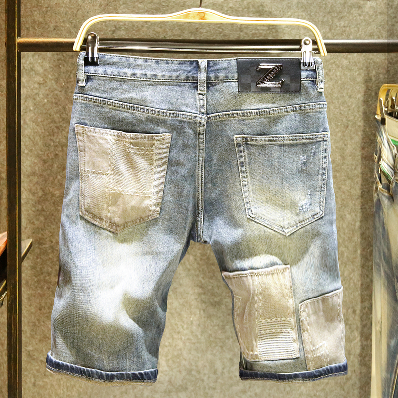 Trendy Patchwork Denim Shorts for Men, Summer Thin New Style Ripped Five-Point Pants, Washed Whiskered Patchwork Mid-Length Pants