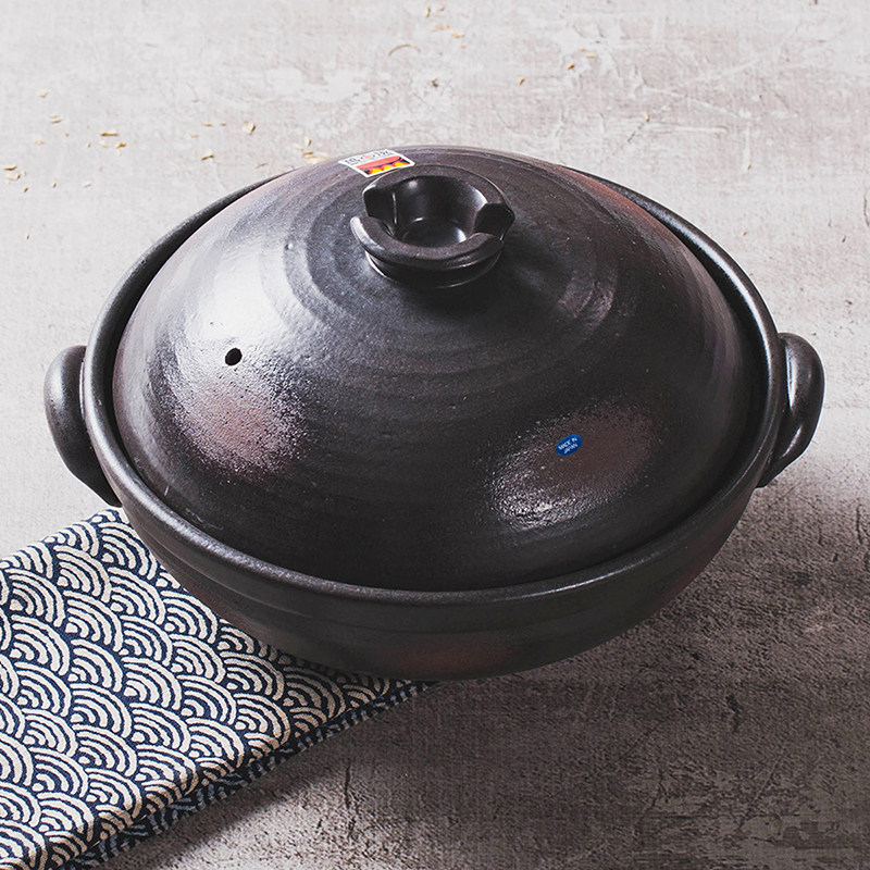 Japan Wan Ancient Burning Iron Glaze 9 Clay Dual-use Steamed Pan Casserole Saucepan soup cooking Porridge Pot rice (Meal Shovel Wood Mat)