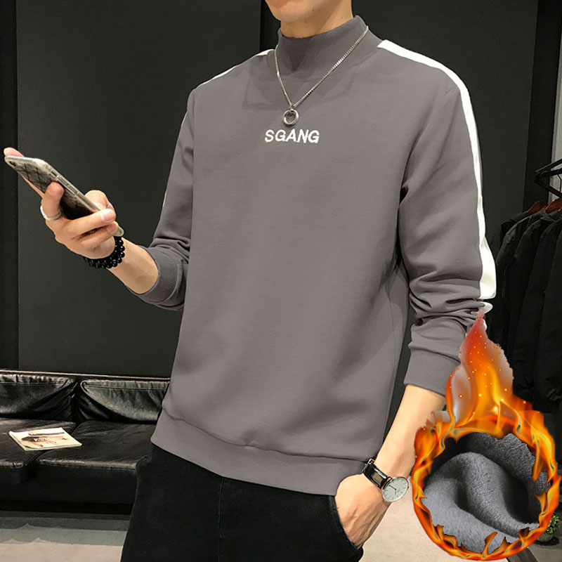 Long-sleeved t-shirt sweater men's trend 2022 autumn and winter new loose half-high collar plus fleece men's tops bottoming shirts