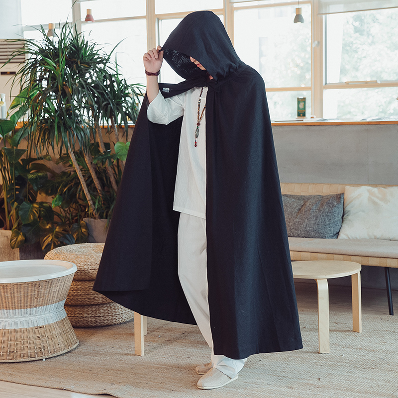 Chinese-Style Long Cotton and Linen Cloak for Men, Loose-Fitting Meditation Robe with Fleece Lining, Han-Style Shawl, Zen Meditation Clothing Chinese-Style Long Cotton and Linen Cloak for Men, Loose-Fitting Meditation Robe with Fleece Lining, Han-Style Shawl, Zen Meditation Clothing