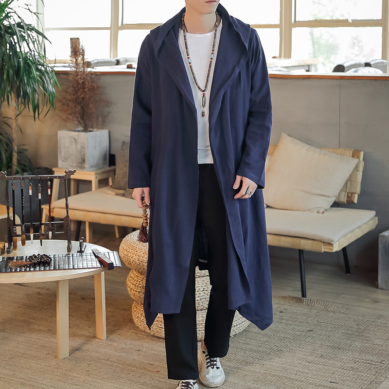 China Wind Autumn Winter Linen Hooded Jacket Jacket Jacket Chinese Hanfu Loose Long Version With Cap Windsuit Cloak Men's Clothing