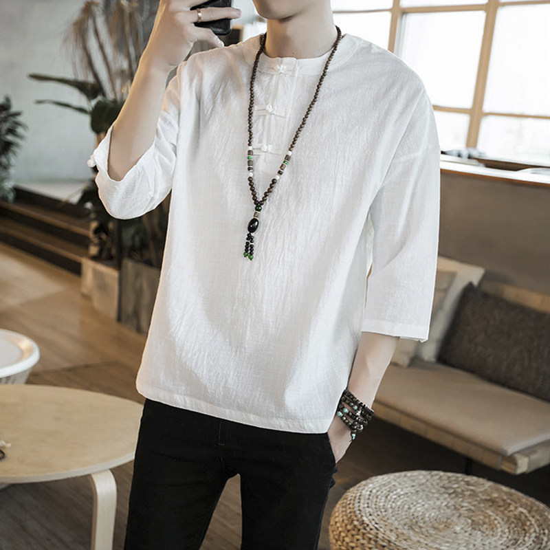 7 split sleeves linen white T-shirt round collar disc buckle half sleeve summer dress large size slim fit cotton hemp loose Chinese style men's clothing