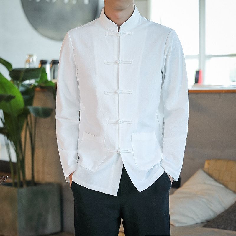 Spring thin section disc buckle Tangclothing men's gush Chinese style disc buckle shirt Han clothes stand collar Zhongshan clothing Tea Suit-Taobao