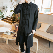 Autumn Chinese-style lengthened burqa young gown youth Tang suit Chinese wind disc buckle jacket Republic of China Sweatshirt Hemp Material Jumpsuits