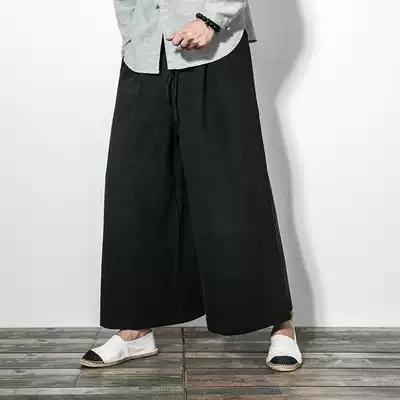 Chinese style men's harem pants, linen pants, loose ethnic style, cotton and linen wide pants, tea clothes, old coarse cloth, zen pants