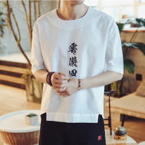 Tang loaded with male Chinese wind embroidery cotton linen short sleeve T-shirt male linen easy to hit bottom-shirt compassionate hanfu blouse