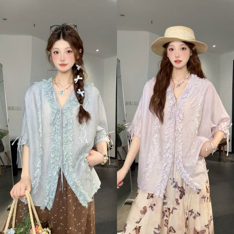 【Mulan Style】Lace Ruffle Trim Split Front Shirt for Women, Summer Tie Design, Loose Fit Slimming Top