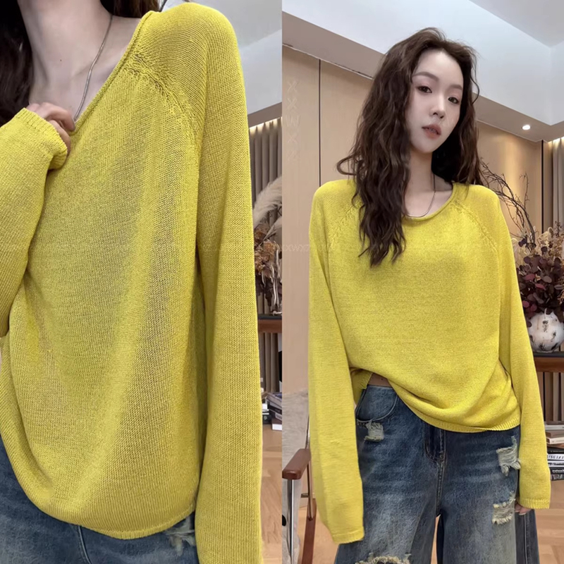 Korean Dongdaemun Summer New Style Lazy Fashion Versatile Loose Mustard Yellow Knit Sweater Versatile T-Shirt Top