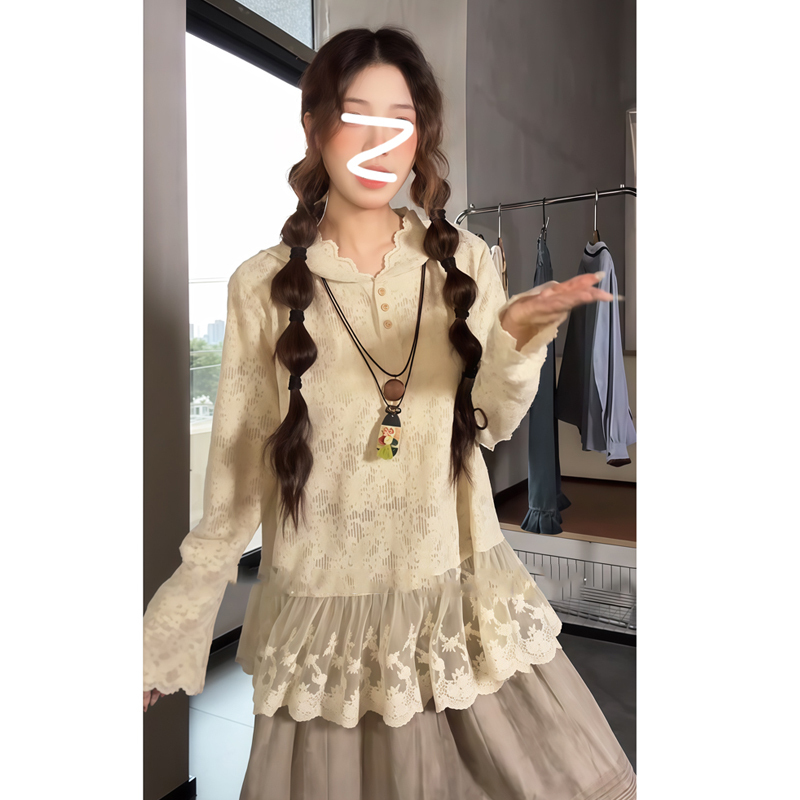 French-Style Hollow-Out Patchwork Hooded Long-Sleeve Lace Top for Women, Stylish and Unique for Layering in Autumn and Winter