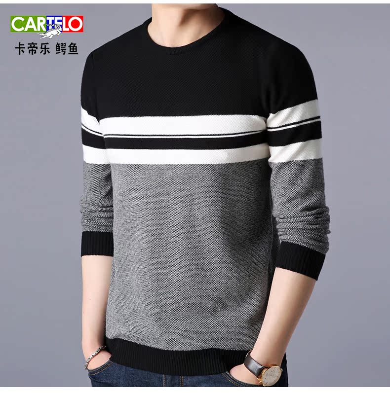Áo len nam hàn quốc mùa thu đông mới xu hướng cổ tròn sọc áo len trẻ trung Áo len mỏng nam - Kéo qua shop quần áo nam