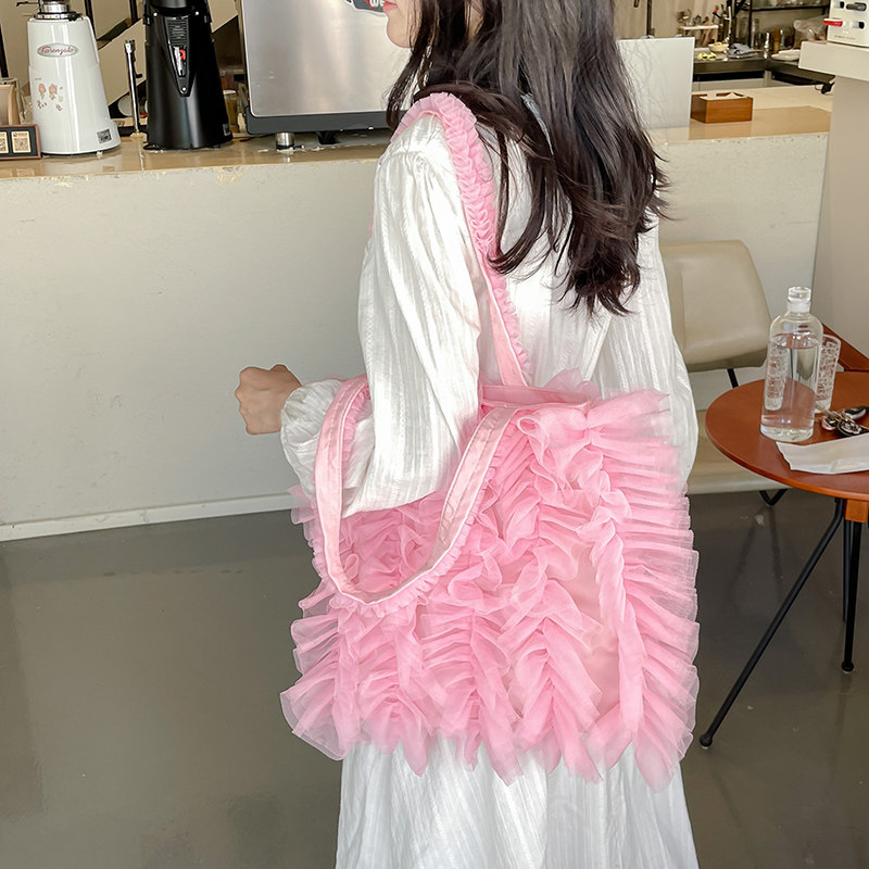 Homemade underarm cake skirt bag, solid color mesh bucket bag, women's handbag, sweet fairy crossbody bag