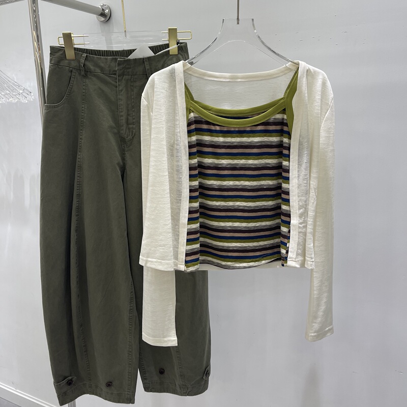 2026 Autumn New Korean Fashion Long-Sleeve Shawl Cardigan + Striped Camisole + Casual Workwear Scimitar Pants Three-Piece Set 2026 Autumn New Korean Fashion Long-Sleeve Shawl Cardigan + Striped Camisole + Casual Workwear Scimitar Pants Three-Piece Set