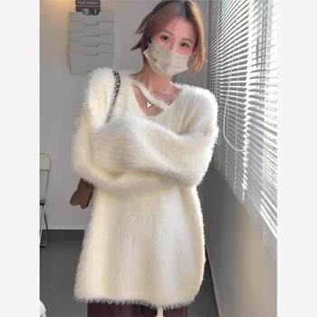 Mink velvet v-neck soft waxy sweater for women autumn and winter 2025 new hot style small hollow loose sweater top