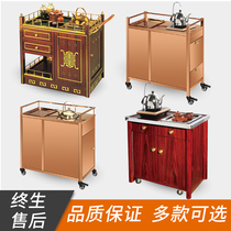 Tea restaurant restaurant Hand-pushed tea cart Rose gold burning tea cart Boiling water cart Mobile wooden tea cart Tea king cart