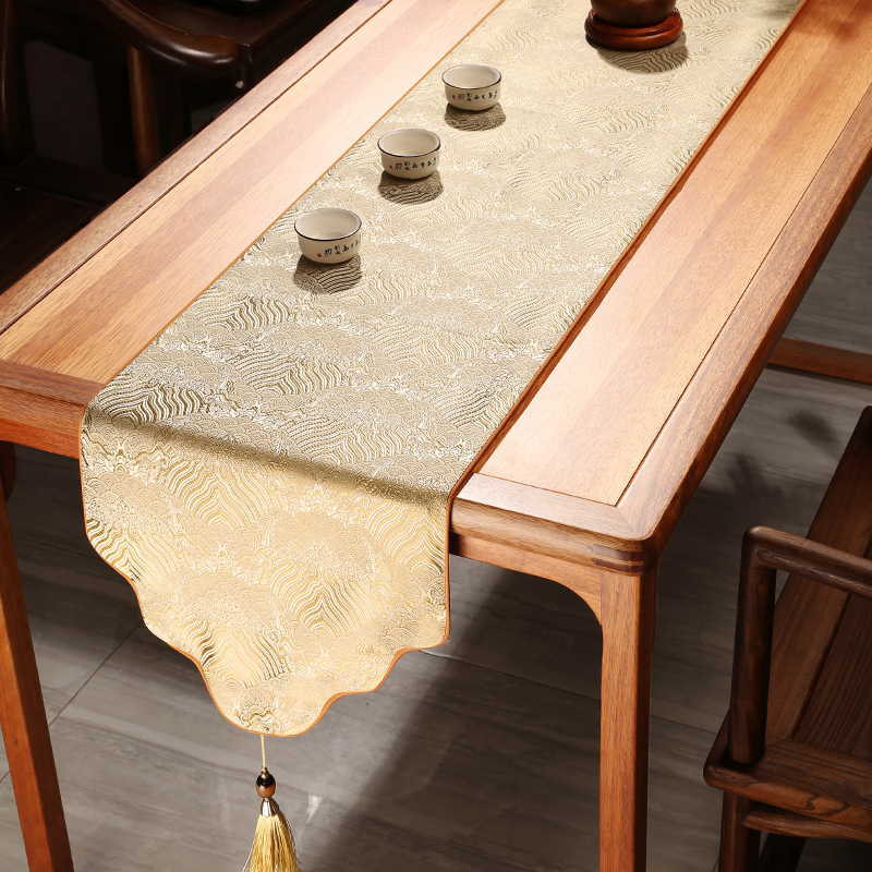 New Chinese-Style Table Runner, Tea Table Mat, Zen-Style Dining Table Cloth, Cloud Brocade Silk Satin Long Bed Runner, High-End Coffee Table Runner