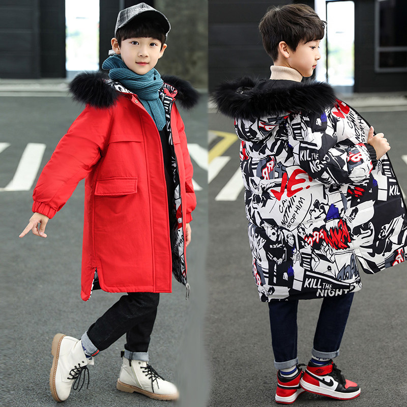 Boy cotton coat double-sided cross-ocean school 2020 new medium and large children's medium and long version of the red quilted jacket boy jacket winter clothes