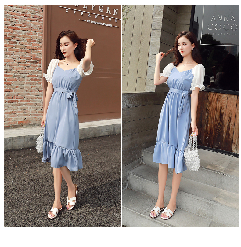 VK旗艦店 韓系拼接袖V領綁帶收腰顯瘦荷葉邊短袖洋裝