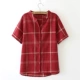 Áo sơ mi kẻ sọc cổ chữ V dành cho phụ nữ ngắn tay cotton và vải lanh văn học retro hoang dã lỏng lẻo giản dị mùa hè 2019 mỏng đầu phụ nữ - Áo sơ mi