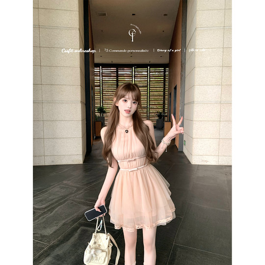 迟伞伞25/ss Sorbet微醺 裸粉色挂脖蝴蝶结不规则下摆连衣裙短裙