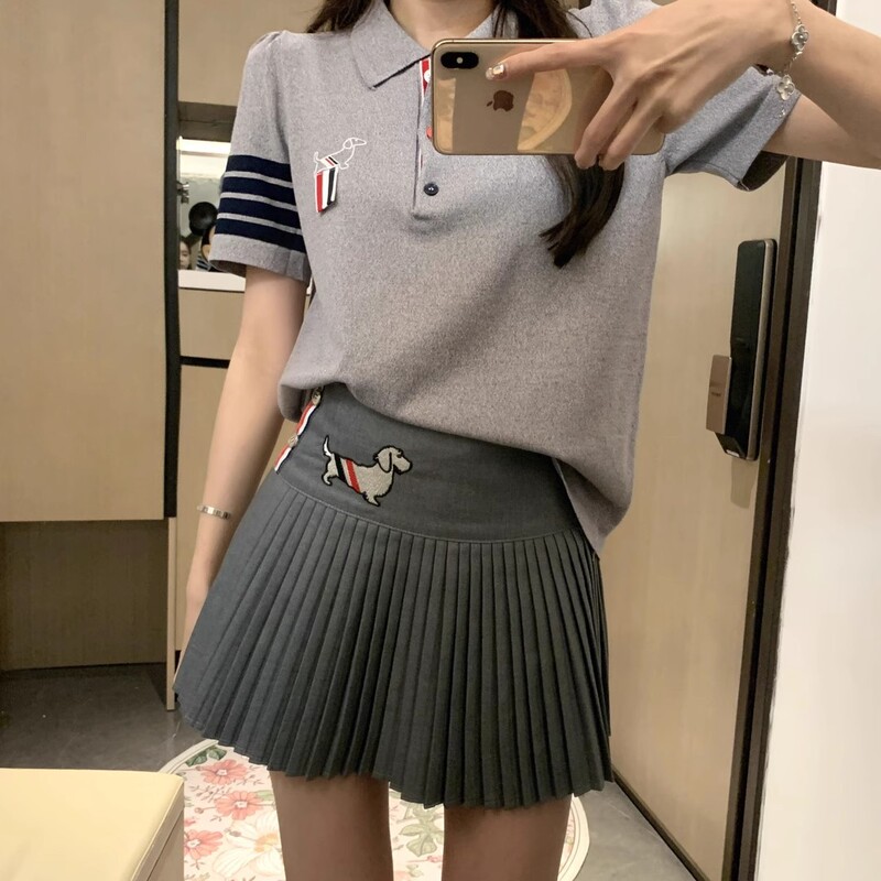 Tb Thom New Preppy Style Age-Reducing Suit Polo Collar Ice Silk Short-Sleeved T-Shirt Dog Embroidery Pleated Skirt for Women